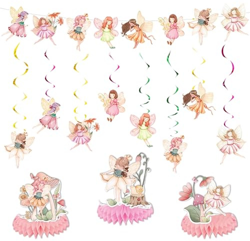 Feen Geburtstag Deko Girlande Set - 12 Stück Fee Party Dekoration Girlande und Hängende Wirbel, Fairy Geburtstagsdeko Bienenwabe Mittelstück für Kindergeburtstag Mädchen