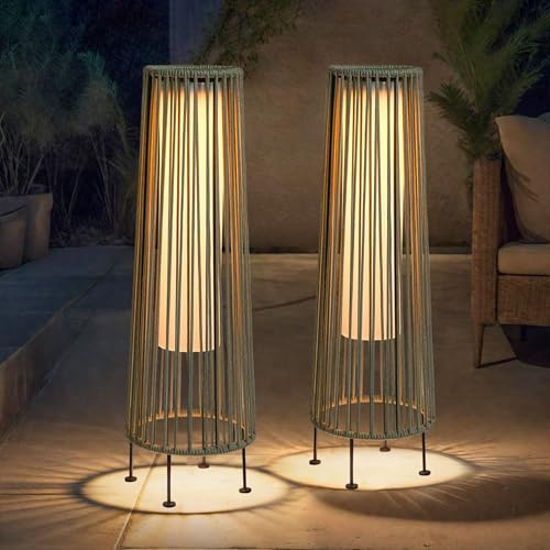 TRIROCKS Lampada da terra da esterno 2 pezzi, lanterna ad energia solare in vimini, lampada da patio solare con corda Olifen, impermeabile, in rattan, per esterni, lampada da terra solare per patio