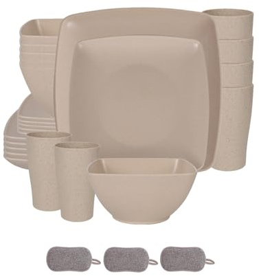 Juego de Cuadrados Vajilla de Plástico,Reutilizable Tazones Platos Vasos,Platos Coloridos Irrompibles,Apto Para Microondas y Lavavajillas,Gran Capacidad,Para Casa y Camping (Beige, 24 Piezas)