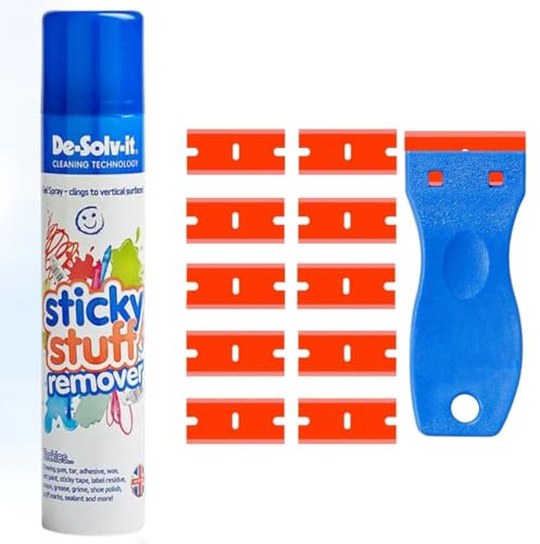 Sticky Stuff Remover Gel Set Removes Stickers, Labels & Adhesive Residue Fast-Acting Cleaner for Glass, Plastic, Metal & Painted Surfaces Includes Plastic Scraper & 10 Refills (200ml + Scraper)