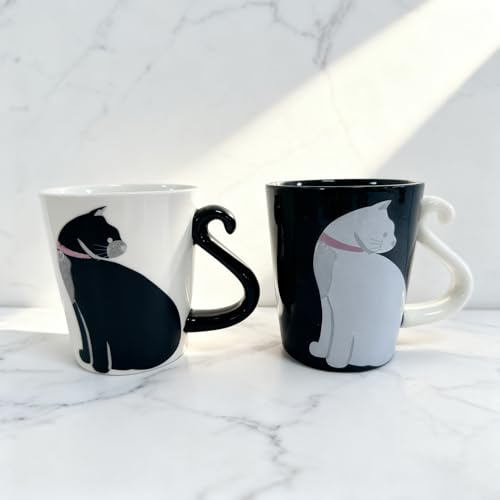 VIBELL Lot de 2 Tasses à Café Chat Noir et Blanc avec Anse en Forme de Queue, Tasses en Céramique avec Design Chat