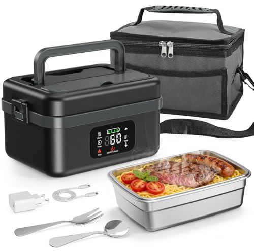 Jradse Fiambrera Electrica,Calentador de Comida Portatil 1L para Comida con Pantalla Táctil,Taper Termico Comida Caliente con Vajilla de Acero Inoxidable y Bolsa Aislante para Coche(Negro y gris)
