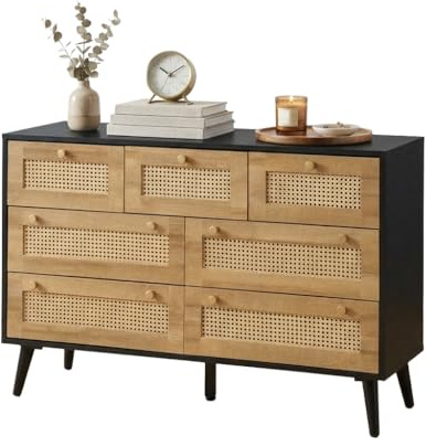 7 Drawer Chest of Drawers Bedroom Furniture - Black and Rattan Storage Drawers - Living Room TV Stand Cabinet Sideboard, Console Table - Rustic Heavy Duty Clothes Storage with Wall Fixing