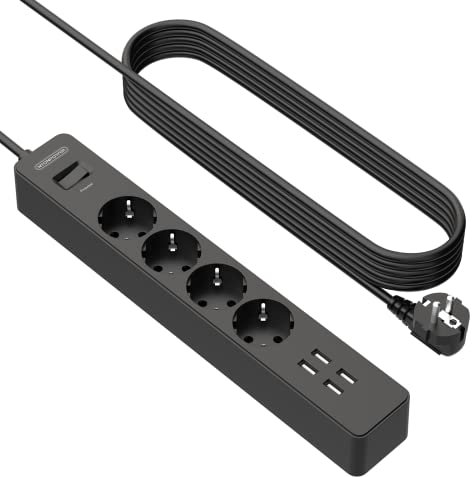 USB Steckdosenleiste 3m, NTONPOWER Mehrfachsteckdose mit ÜBerspannungsschutz 4-Fach 4 USB-Anschlüssen- (Langes Verlängerungskabel, Schwarz)