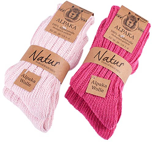 BRUBAKER 4 Paar Alpaka Socken mit Alpakawolle - Wintersocken Set für Damen und Herren - Pink Rosa - Größe 35-38