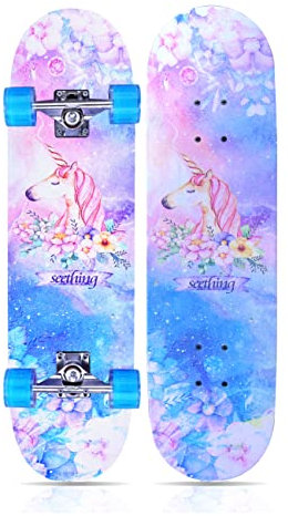 Skateboards für Anfänger, Kinder, Jugendliche, Erwachsene, komplettes Skateboard, 807.7 cm, 7-lagiges kanadisches Ahorn, Doppelkick konkaves Skateboard, solide und langlebig, (blauer Elch)