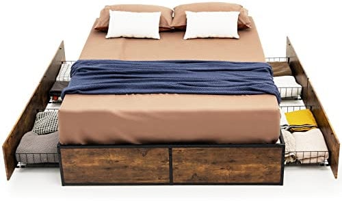 COSTWAY Stauraumbett mit 4 Schubladen, 200 x 140 cm, Bettgestell Doppelbett mit Holzfußende & Lattenrost, Metallbett Bettrahmen, Industrielles Bett Schlafzimmerbett