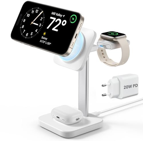 ESR MagSafe Ladestation Apple Watch und iPhone, 3 in 1 Ladestation Apple, Magsafe Ladegerät kompatibel mit iPhone 16/15/14/13/12, Apple Watch 9/8/7/6/5/4/3/2/SE und AirPods 4/3/2/Pro, Weiß