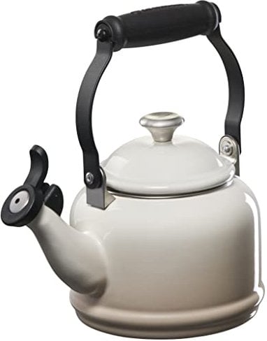 Le Creuset Enamel On Steel Demi Tea Kettle with Metal Finishes, 1.25 qt, Meringue