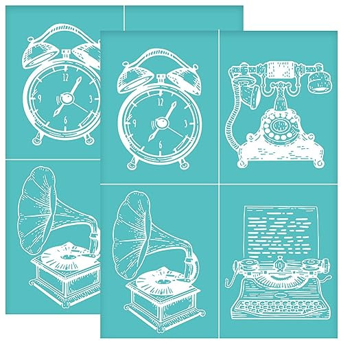 OLYCRAFT 2 Stück 22x28cm Uhrenmuster Selbstklebende Siebdruck Schablone Telefon Siebdruck Schablone Phonograph Schreibmaschine Netz Schablonen Transfer Für DIY T Shirt Stoffmalerei