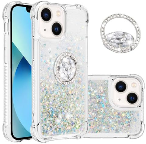 IMEIKONST iPhone 13 Mini Glitter Case with Diamonds Ring Kickstand, Liquid Sparkle Sequin Transparent for Girls Women Silicone TPU Bumper Shockproof Cover for iPhone 13 Mini. Love Silver YBZ