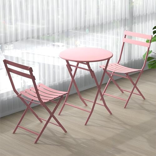 KEJIAWU Garten-Bistro-Set, 3-teilig, Mit Klappbarem Tisch und Stühlen, Klappbarer Terrassentisch aus Stahl für Den Außenbereich, für Balkon, Sommer, Grillen, Wintergarten (Color : Pink)
