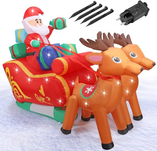 Aufblasbarer Weihnachtsmann mit Schlitten XXL,GuKKK Aufblasbare Weihnachts Dekoration für Draußen, Rentiere Santa Claus Deko LED Beleuchtet, IP44 Aufblasbare Hofdekoration, inkl (Santa)