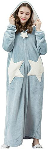 NSICBMNO Blue Fluffy Dressing Gown Women Zip Dressing Gowns Oversized Blanket Hoodie Thick Long Bathrobes Sherpa Fleece Gown Warm Winter Housecoat Nightgowns Pyjamas Sleepwear With Pockets