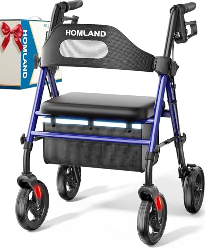 HOMLAND Rollator faltbar und leicht mit Sitz, Rollatoren 159 kg belastbar | Verstärkter Rahmen mit Doppelquerstrebe, Rollator schmal für Wohnung mit Tasche & 20 cm All-Terrain-Reifen, höhenverstellbar