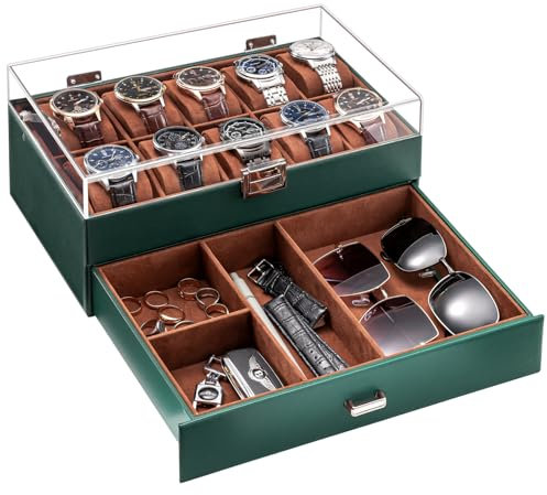 ProCase Uhrenbox mit 10 Fächern,Uhrenkasten mit Schublade, Men’s Watch Box, Uhrenaufbewahrung Uhrenkoffer Uhrenschatulle für Herren, Vatertagsgeschenk Uhr Aufbewahrungsbox - 10 Fächer, Grün