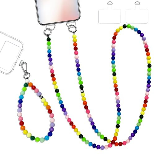 2 Stück Bunte Handykette Perlen, Universal Handy Perlen Schlüsselband, Handykette Umhängeband, Perlen Handyband zum Umhängeband inkl, Handyband, Trageriemen, Für den Meisten Smartphones (120cm)