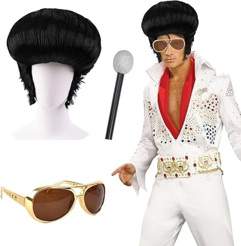 3-teiliges 50er Jahre Rocker Legend Elvis Perücken-Set mit Brille und aufblasbarem Mikrofon, 60er Jahre Rock n Roll Sänger Zubehör für Disco-Party, Halloween-Party