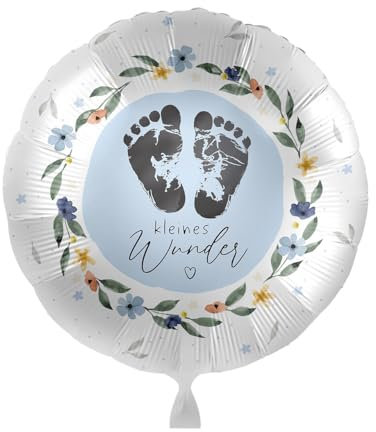 Folienballon Baby 'Kleines Wunder' Ballon Geburt Deko Babyparty Ballon Willkommen Baby Junge Luftballon Made in EU, hellblau, Babyfüße