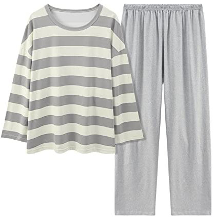 Generico Pigiama Donna Cotone Lungo,Pigiami Donna Cotone Estivi Girocollo Manica Lunga Stampa A Righe Maglietta E Tinta Unita Pantaloni Leggero Due Pezzi Set Indumenti da Notte Casa