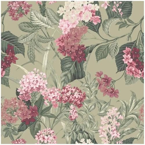 YöL Misaki Floral Bloom Wallpaper – Sage Green and Pink Botanical Design – Paste The Paper – Ideal for Bedroom, Living Room, Dining Room or Home Office – 10m x 53cm Roll – Washable, Straight Match