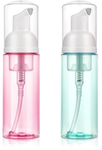 JIYIN 2 Pack Foam Pump Bottle Travel 60 ml/2 oz, Small Foaming Soap Dispenser Clear Plastic Mini Empty Refillable Pump Containers for Face Wash Lash Shampoo Skin Care(Pink + Green)
