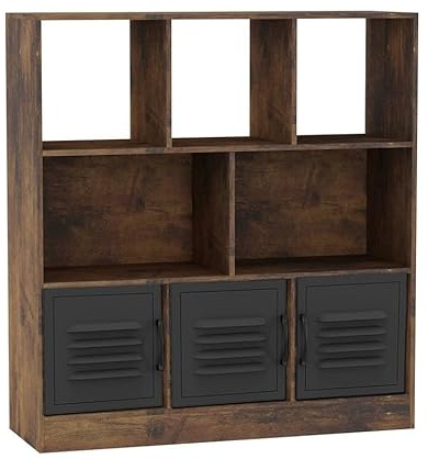 URBNLIVING Rustic Brown 8 Cube Asymmetrical Bookcase – Freestanding Storage Unit with 3 Doors - Metal Doors - Black