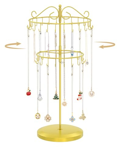 TANOSAN Kettenständer Schmuck Organizer mit 42 Haken, Golden, 2-stufig | Drehbarer Kettenhalter aus Metall, höhenverstellbar für lange und kurze Halsketten, Tangle-free Aufbewahrung für Damen Herren