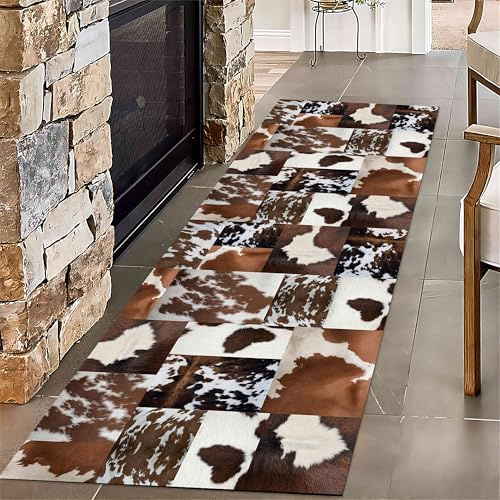 Kuluoits Kuhfellmuster Teppich, 60x300cm Waschbarer Läufer Schwarzem und Braunem Bedruckter Teppiche Kuhfell Geometrischen, rutschfest und Komfortabel für Eingangsbereiche, Studentenwohnheime Büros