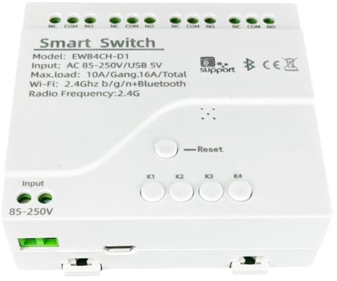 Akfldms Interruptor Inteligente de 4 Canales, WiFi, Bluetooth, Inalámbrico, Módulo de Relé de Contacto Seco, Control Remoto por Aplicación, 85-250 V