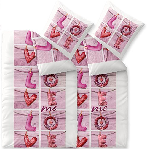 CelinaTex Touchme Biber Bettwäsche 135 x 200 cm 4teilig Baumwolle Bettbezug Loana Love Herz Wörter weiß pink rosa