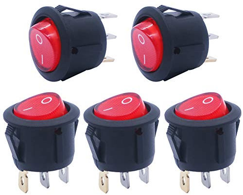 mxuteuk 5 pezzi Interruttore a bilanciere rotondo a scatto illuminato a luce rossa Interruttore a levetta SPST ON-OFF a 3 pin AC 250V 6A 125V 10A, MXU1-5-101NR