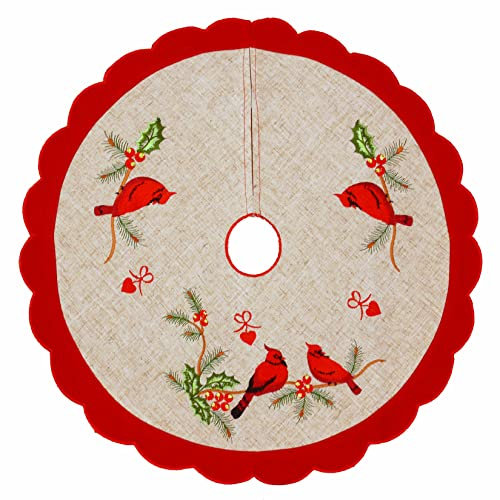 Grelucgo Embroidered Christmas Holidays Mini Red Cardinal Bird Tree Skirt for Small Tabletop Pencil Tree only (Diameter 21 inches)