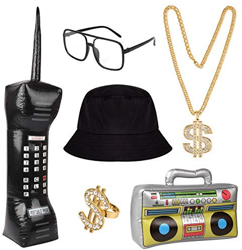 Hotgod Hip Hop Kostüm Kit Bucket Hat Sonnenbrille Aufblasbare Boom Box Handy Dollar Zeichen Goldkette 80er/90er Jahre Party Supplies Dekorationen Cosplay Requisiten