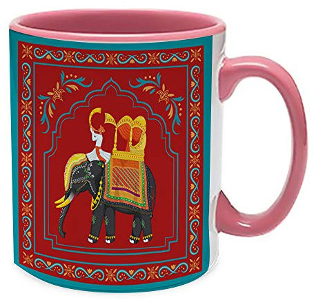 Traditional Retro Indian Elephant Oriental Ethnic Pattern Mug Vintage Colourful Decorative Hippy Boho Coffee Tea Cocoa Soup Daily use Mug. (Pink Inside Coloured & Pink Handle Mug)