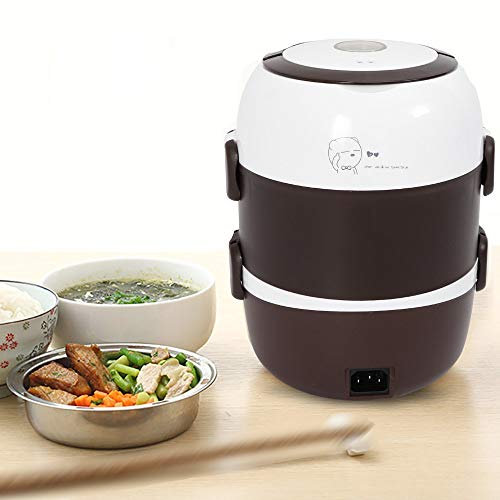 Elektrische Lunchbox 2L Mini Reiskocher 3 Schichten Elektrischer Speisenwärmer Brotdose Kostwärmer Tragbare Heizung Mahlzeit Container aus Edelstahl Heizungswärmer Lebensmittelbehälter
