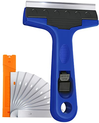 Razor Blade Scraper, 4 Scraper Tool with 10 Extra Replacement Metal Blades, Razor Scraper Remover for Cleaning Paint, Caulk, Adhesive, Label, Decal, Sticker from Window, Glass, Tile, Floor, Stove Top