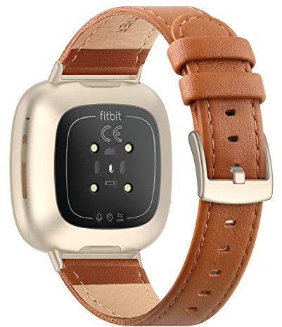 Tuocal Echtes Lederarmband, kompatibel mit Fitbit Versa 4 / Versa 3 / Fitbit Sense für Damen und Herren, weiches, atmungsaktives Echtleder, verstellbares Ersatzarmband für Fitbit Versa 3, braun, 25