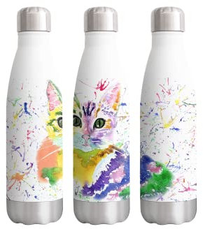 Kitten Cat Pet Watercolour Farm animals rainbow art Bottle double Wall insulated Stainless steel sport Drinks 500ml WHITE Gift ideal for school work office Oudoor sports keeps Hot and Cold Drinks