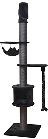 Ebi, Kratzbaum Chester 220-250 cm, Schwarz, mit Ruhe- und Schlafschutz, 2 Ablagen, Deckenmontage über Drehmechanismus, Hängematte und Kletterseil, 4 Dicke Kratzstämme Ø 12 cm