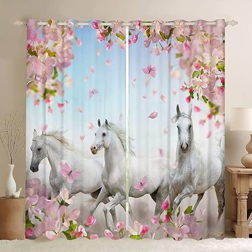 Verdunklungsvorhänge Vorhang Gardnien Blickdicht mit Ösen für Schlafzimmer Kinderzimmer, Thermogardinen Fenstervorhang Dekorative, 2er Set 260x140 cm (HxB) Weißes Pferd