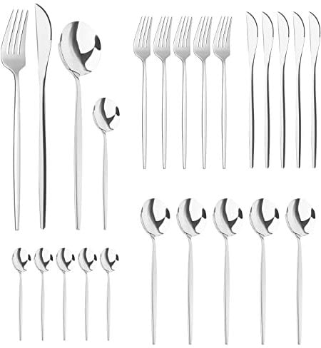 24 Piezas Juego de Cubiertos Acero Inoxidable Cuberterias Completas 6 Personas con Cuberteria Tenedores Cuchillo Cuchara Acabado Pulido Brillante Apto para Lavavajillas | Plata