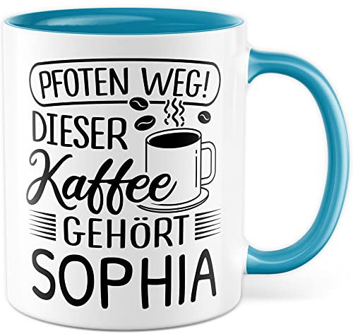 Tasse mit Spruch personalisiert - Pfoten weg! Dieser Kaffee gehört eigener Name - Kaffeetasse personalisieren, lustiger Spruch Geschenkidee Kaffeeliebhaber Becher (Weiß & Blau)