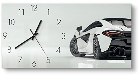 DEQORI Glasuhr | vertikal 60x30 cm | Motiv Sportliches Auto | große XXL Design Uhr aus Glas | leise Wanduhr für Wohnzimmer & Küche | moderne Hingucker Uhr für die Wand