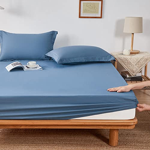HAIBA Drap Housse Coton Cache sommier 150x200+30cm Drap Housse Qualité Supérieur Coton, Drap de lit en Jersey Extensible et trés Doux et Un Ajustement Parfait- Matelas Epaiste Bleu