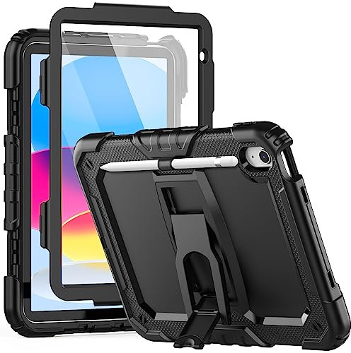 SEYMCY Funda para iPad de 10ª generación de 10.9 pulgadas 2022, funda de cuerpo completo de 3 capas a prueba de golpes con soporte plegable, funda para iPad de 10ª generación A2696/A2757/A2777, negro