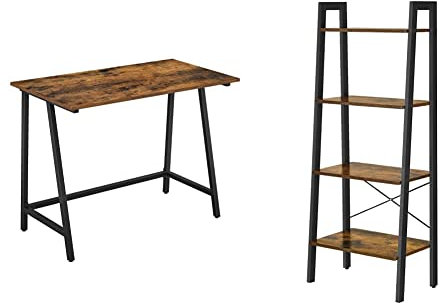 VASAGLE Schreibtisch, Computertisch, 100 x 50 x 75 cm, vintagebraun-schwarz LWD40X & Regal, Bücherregal mit 4 Ebenen, Leiterregal, Standregal, für Wohnzimmer, Stahlrahmen, vintagebraun-schwarz LLS44X