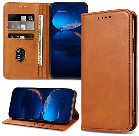 DENDICO Case for iPhone 13 Pro Max, Classic PU Leather Magnetic Wallet Case, Flip Folio Protective Phone Cover Compatible with iPhone 13 Pro Max, Light Brown