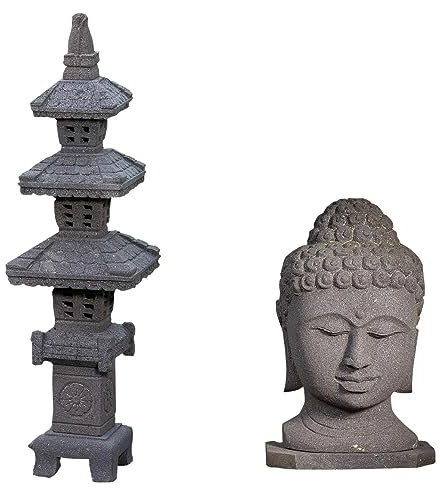IDYL 2er Set | Lavastein Stein Laterne Kaiserpagoda 110 cm + Lavastein Stein-Figur Buddhakopf | Frostfest | Höhe 60 cm | Asiatische Garten-Dekoration | Naturprodukt | Echtstein Lava | Schwarz