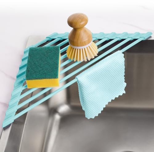 Tomorotec Scolapiatti compatto triangolare rivestito in silicone per angolo lavello, organizer pieghevole in acciaio inox da mettere sopra il lavandino e ripiano portaoggetti (verde menta)